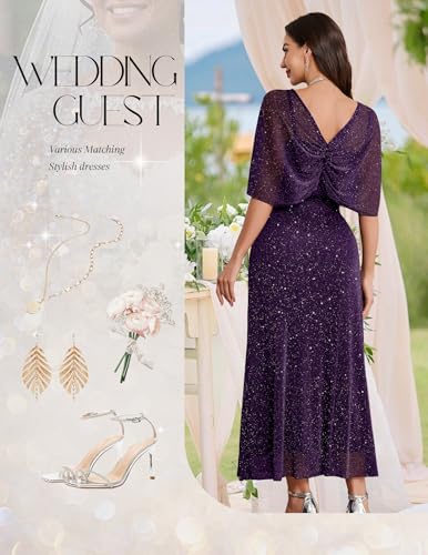 BeryLove Sequin Formal Cocktail Long Dress Evening Wedding Guest Mother of The Bride Dresses with Shawl