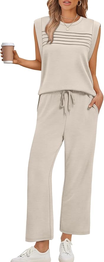 WIHOLL 2 Piece Sets for Women Summer Lounge Sets Travel Vacation Outfits Cap Sleeve Sweatsuit Side Slit Wide Leg Pants S-3XL