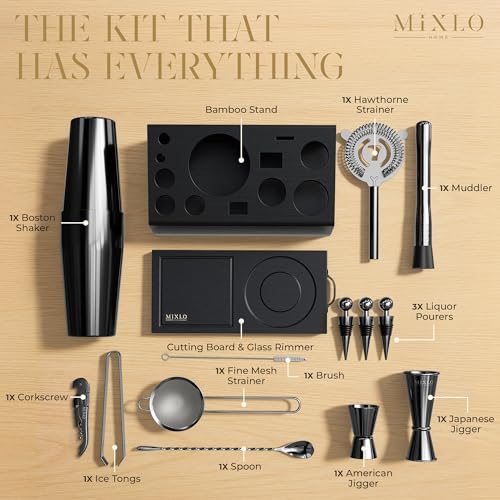 MIXLO HOME Mixology Bartender Kit - 15Pcs Bar Set Cocktail Shaker Set w Black Bar Cart Accessories Stand - Shakers Bartend...