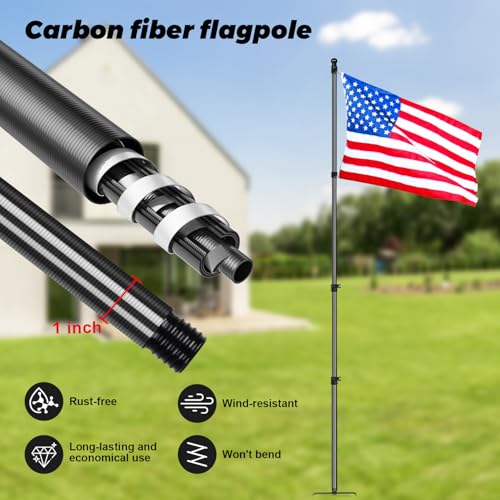 Msnaile 12 FT Carbon Fiber Flag Pole for Outside House in Ground, Flagpoles for Yard, Tangle Free Flag Pole Kit, Wind-Resi...