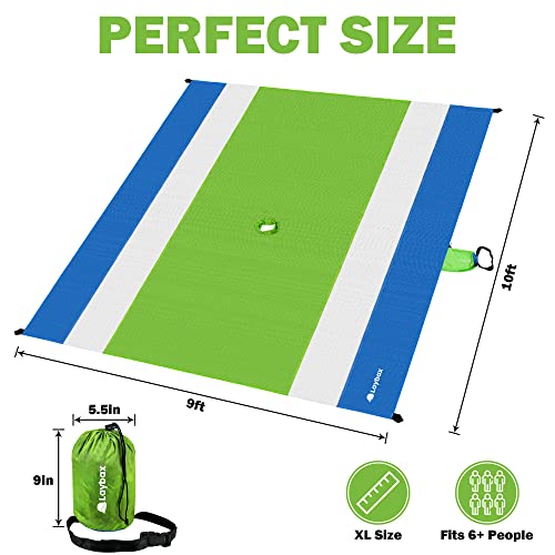 Laybax Green Water-Resistant, Sandproof 10x9ft Beach Blanket With Umbrella Hole–Beach Mat, Compact and Lightweight, Stuff ...