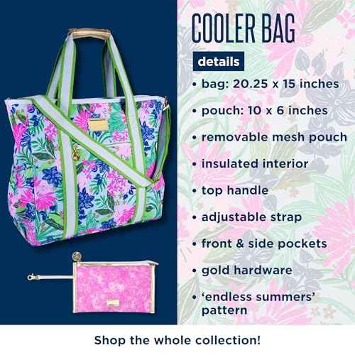Lilly Pulitzer Blue Picnic and Beach Cooler, Insulated Bag with Adjustable Shoulder Strap and Zipper, Large Soft Cooler for Groceries or Travel (Endless Summer)