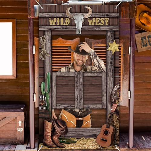 Blosssound Wild West Party Decorations Western Cowboy Photo Booth Prop West Themed Door Banner Rodeo Cowboy Backdrop Backg...