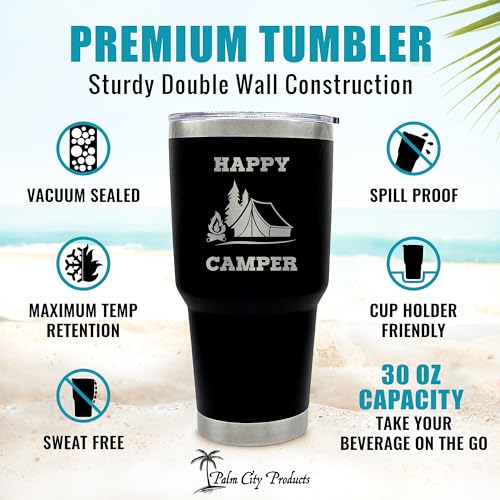 Palm City Products Premium 30 oz Happy Camper Black Tumbler with Slider Lid - Stainless Steel Camping Tumbler for Adventur...