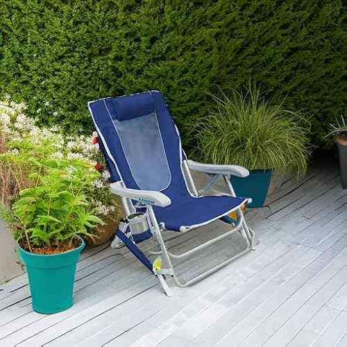 GCI OUTDOOR Backpack Beach Chair | Reclining Folding Chair with Durable Armrests, Drink Holder & Carry Straps, Perfect for Beach Trips & Picnics ? Nautical Blue