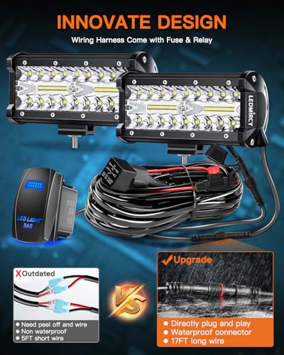 LEDMIRCY 7 Inch LED Light Bar Kit with Rocker Switch Wiring Harness 2PCS LED Pod Lights Triple Rows White Spot Flood Combo...
