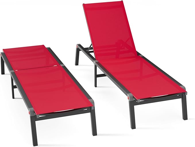 Aluminum Chaise Foldable Patio Lounge Chair Outdoor, Metal Deck Lounger Adjustable 5-Position Recliner Pool Chase Breathable Full Flat Outside Sun Tanning Chairs for Beach/Poolside/Lawn(Red, 2 Pack)