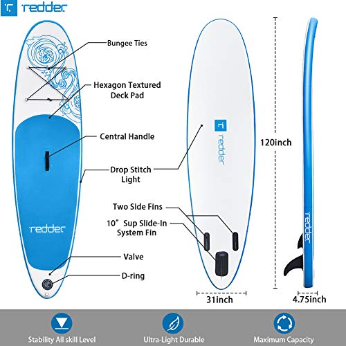 Redder Inflatable Stand Up Paddle Board – Vortex 10' All-Round SUP for Adults & Kids, Includes Paddle, Leash, Backpack, Pu...