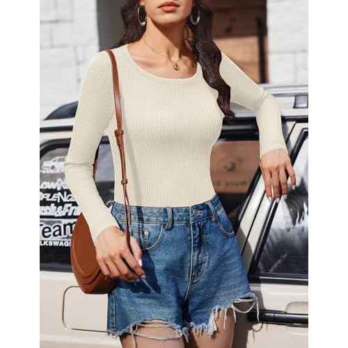 Ekouaer Womens Long Sleeve Shirts 3 Packs Scoop Neck Ribbed Tops Fitted Thermal Undershirt Soft Layering Tees XS-XXL