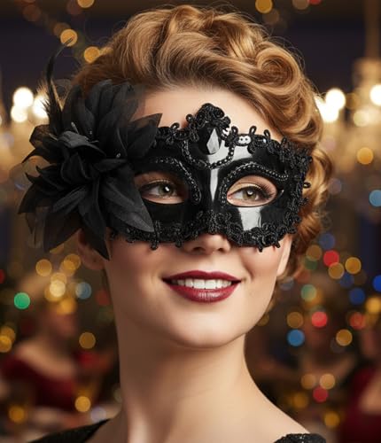 Maeaccx Masquerade Mask for Women, Black Venetian Masks Flower Lace Elegant Mardi Gras, Party Costume Accessories