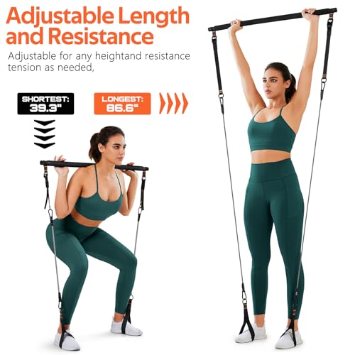 Pilates Bar Kit with Resistance Bands, 3-Section Multifunctional Yoga Pilates Bar with Metal Adjustment Buckle.Portable Pi...