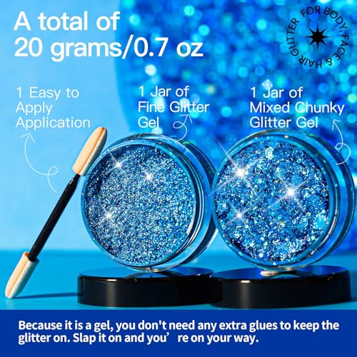 Teenitor Face Glitter, 2pcs Blue Body Glitter Gel, 20g/0.7oz Makeup Glitter for Face, Body, Eye, Hair Glitter Gel, Blue Gl...