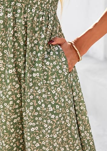 PRETTYGARDEN Boho Dresses for Women 2026 Summer Floral Short Sleeve V Neck Smocked Flowy Beach Vacation Maxi Dress