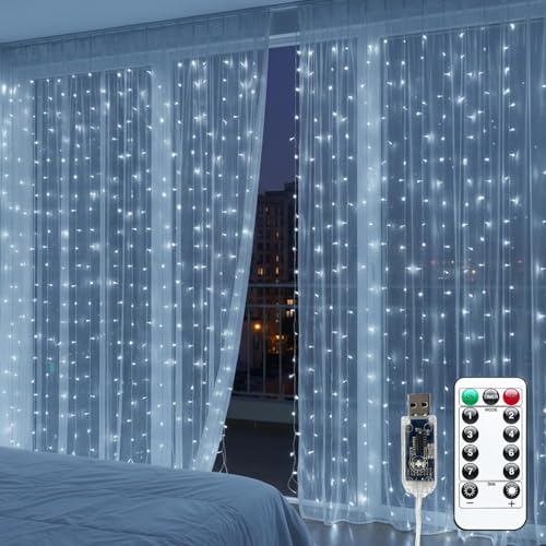 Curtain Lights for Bedroom 300 LED Fairy String Lights with Remote, 8 Modes Timer, USB Plug in Waterproof Twinkle Lights f...
