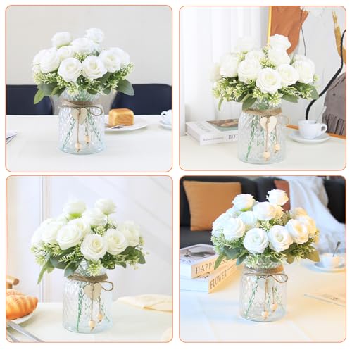 Leayiuvan Fake Flowers in Vase,Fake Flowers with Vase 18 Pcs Faux Rose Flowers,Artificial Flowers for Home Decor, Indoor C...