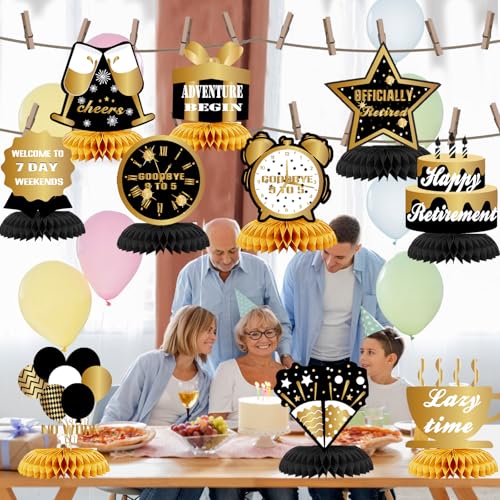 WINPOGEE 10Pcs Happy Retirement Decorations Table Honeycomb Centerpieces Party Supplies Black Gold Retirement Adventure Aw...