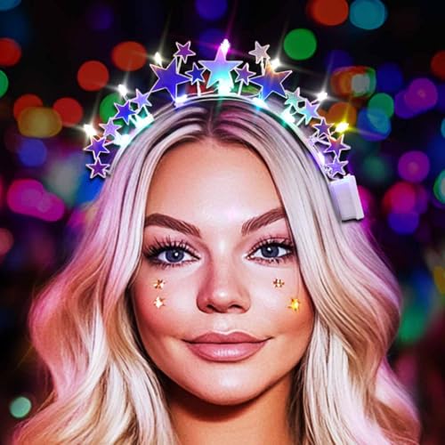 DRESBE Light Up Colorful Star Headband New Year LED Stars Headbands NYE Glow Party Hair Accessories for Women (Silver)