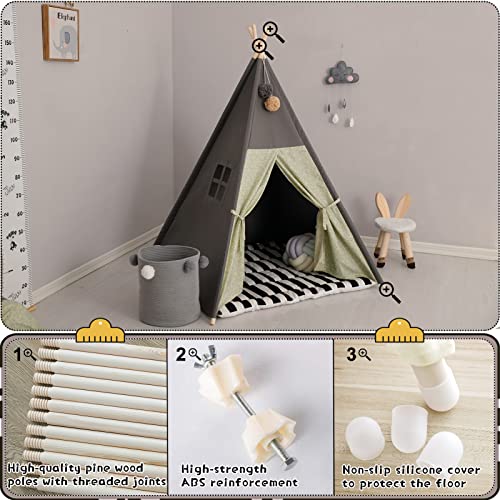 TreeBud Teepee Tent for Kids Stripe Padded Mat Foldable Dark Tone Grey Play Tents for Girl and Boy with Carry Case Wooden ...