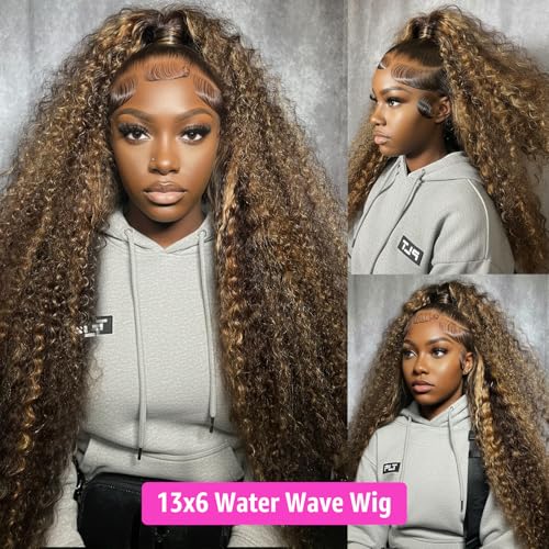 Water Wave Lace Front Wigs Human Hair 13x6 Ombre Honey Blonde Frontal Wig 200 Density P4/27 Highlight Colored Curly Wet and Wavy Lace Front Wigs Glueless Pre Plucked with Baby Hair (22 Inch)