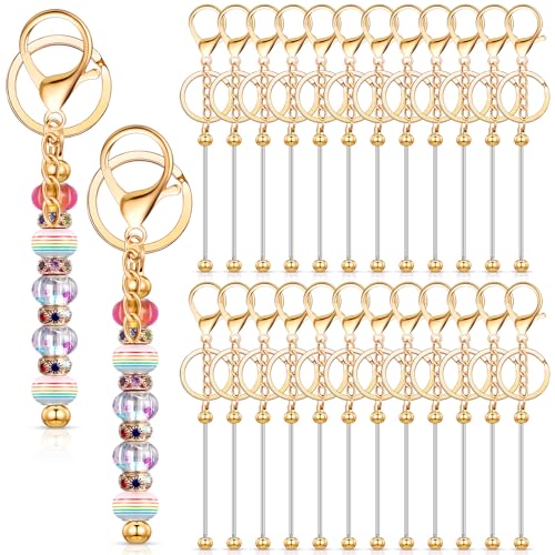 Tondiamo 24 Pcs Beadable Keychain Bars Bulk Beads for Keychain Making Kit Gifts for Women Men DIY Crafts(Gold)