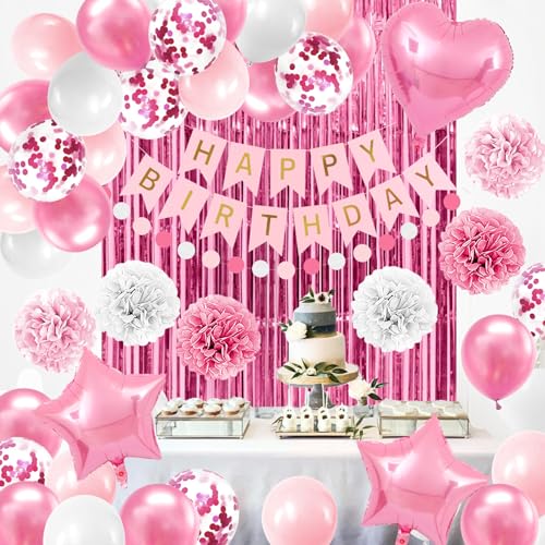 Iysoll Pink Birthday Party Decorations for Girls Women Happy Birthday Banner Light Pink and White Balloons party decor Pom...