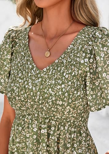 PRETTYGARDEN Boho Dresses for Women 2026 Summer Floral Short Sleeve V Neck Smocked Flowy Beach Vacation Maxi Dress