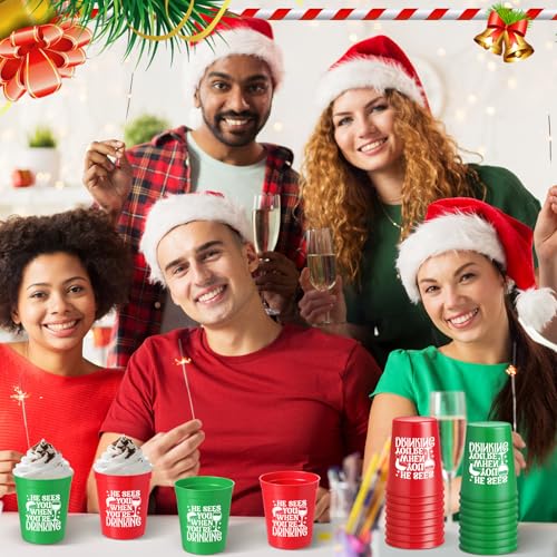 48 Pack Christmas Plastic Cups Bulk 16 oz Red and Green Reusable Stadium Cups He Sees You When You're Drinking Bar Winegla...