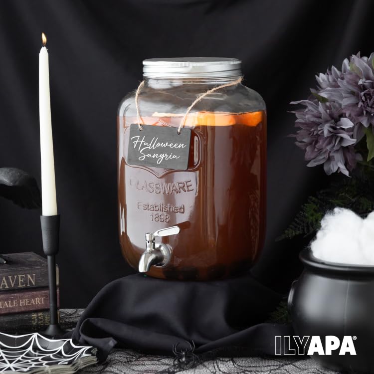 Ilyapa 2 Gallon Drink Dispenser - Wide Mouth Glass Drink Dispenser - 100% Leak Proof Stainless Steel Spigot with Glass Fli...