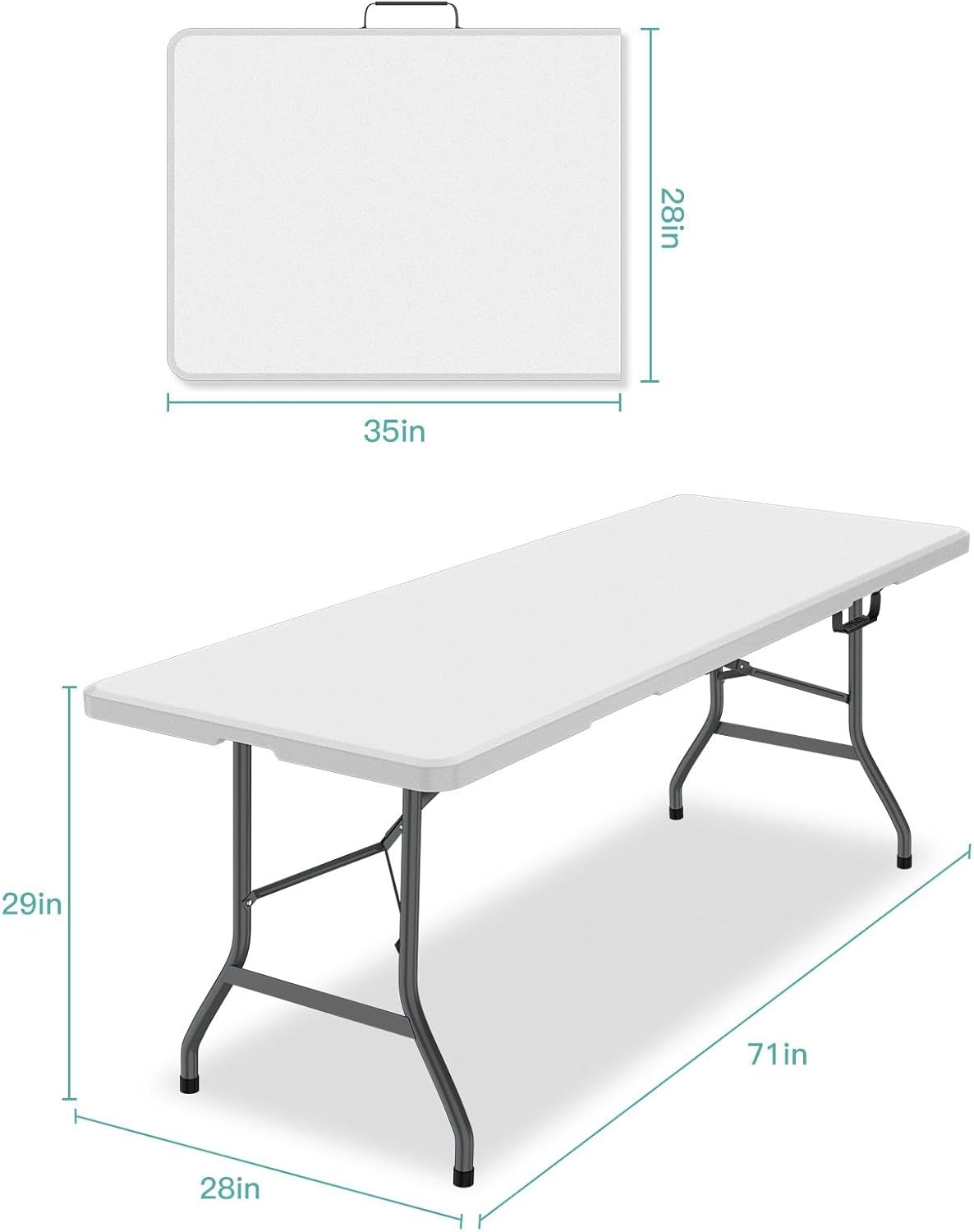 6ft Folding Table, Foldable HDPE Dining Table for Picnic, Camping, Party, Display with Carrying Handle - White