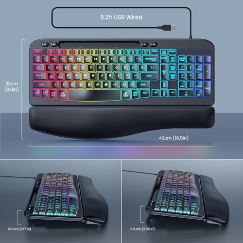 VEILZOR Wired Ergonomic Keyboard, 7-Color Backlit USB Computer Keyboard with Wrist Rest, Wave Keys, Phone Holder, Lighted ...
