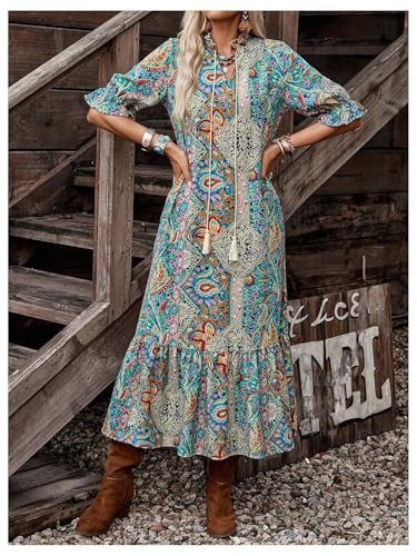 GORGLITTER Women's Paisley Print Boho Western Maxi Dress Ruffle 3/4 Sleeve Notch V Neck Vintage Ethnic Flowy Dresses