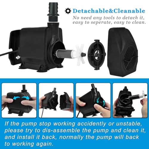 PULACO Large Flow: 800GPH（3000L/H）Submersible Pump with 6.5 ft Tubing, 45Watt Durable Fountain Water Pump With 4 Nozzles F...
