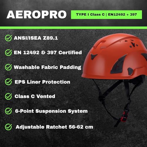 Land Helmets AeroPro Lightweight Type 1 Safety Helmet Class C Vented Hard Hat, ANSI Z89.1 Certified Stylish Climbing Style...