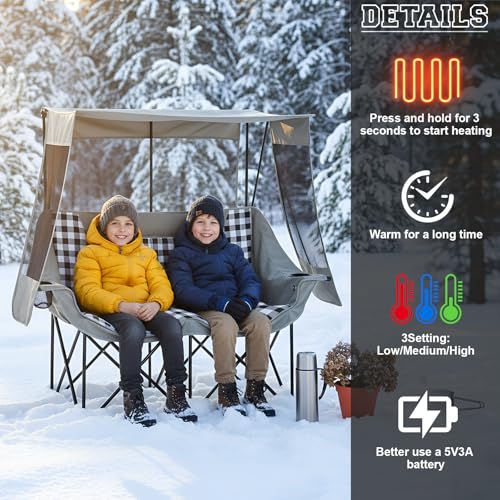 Heated Double Camping Chair with Canopy, Padded Loveseat 660lbs Folding Portable Chair with Pocket for Adult Outdoor Lawn,...