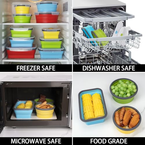 Collapsible Food Storage Containers with Lid & Air Vent, 16 Pack, 8 Rectangular + 8 Round, Annaklin Foldable Silicone Lunc...