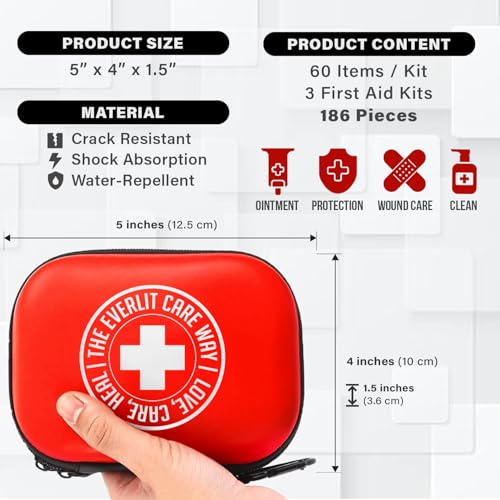 EVERLIT CARE MiniAid First Aid Kit | Compact & Lightweight Case with Carabiners for Travel | Family & Kid Friendly 180 Pcs...