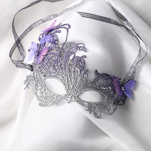 Zinniday Butterfly Lace Masquerade Mask - Halloween Renfaire Shiny Butterfly Masks for Women Halloween Masquerade