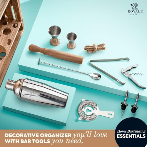 Cocktail Mixology Bartender Kit with Rustic Wood Stand - 11 Piece Bartender Bar Tool Set Cocktail Drink Mixer Shaker Set f...