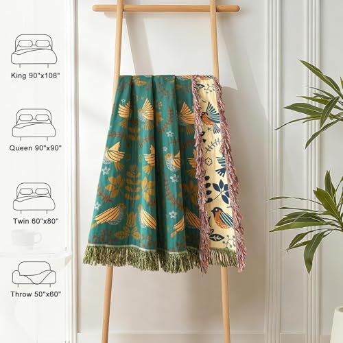 Boho Throw Blanket for Couch 100% Cotton Soft Birds and Floral Double Embroidery Breathable Throw Blankets,50"×60" All Sea...