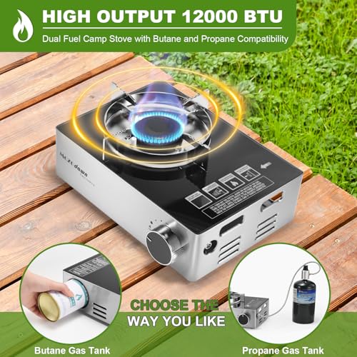 MOZODAWN Dual Fuel Camp Stove, 12000 BTU Portable Propane/Butane Stove with Case, Adapter Hose, Wind Guard, Single Burner ...