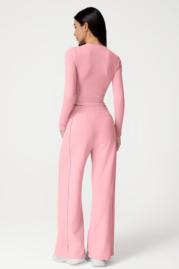 QINSEN Womens 2 Piece Sets Long Sleeve Slim Fit Crop Tops Wide Leg Pants Matching Lounge Set