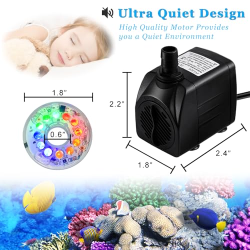 PULACO 160GPH Small Fountain Pump, 10Watt Submersible Pump with Automatic Color Changing LED Light and 3.3 ft Tubing for W...
