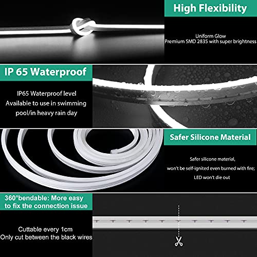 Lamomo White Led Strip Lights, 16.4ft/5m Neon Light Strip, 12V Flex Waterproof Neon LED Strip Silicone LED Neon Rope Light...