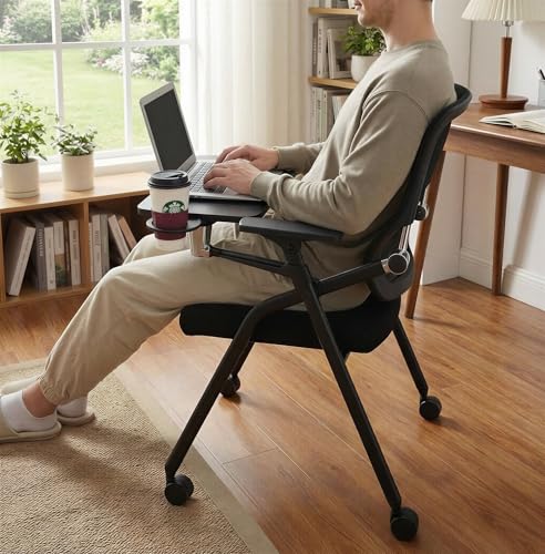 BLANEDUO Updated Conference Room Chairs with Tablet Arm, Folding Office Desk Chair with Lumbar Support and Sliding Armrest...