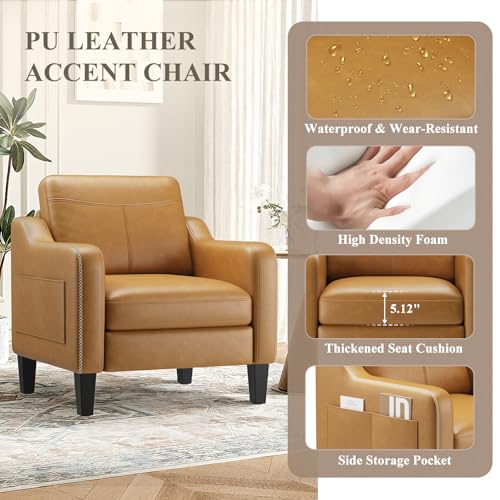 MALOL PU Leather Accent Chair Set of 2, Mid-Century Modern Living Room Armchair Sofa with Removable Cushions, Solid Wood F...