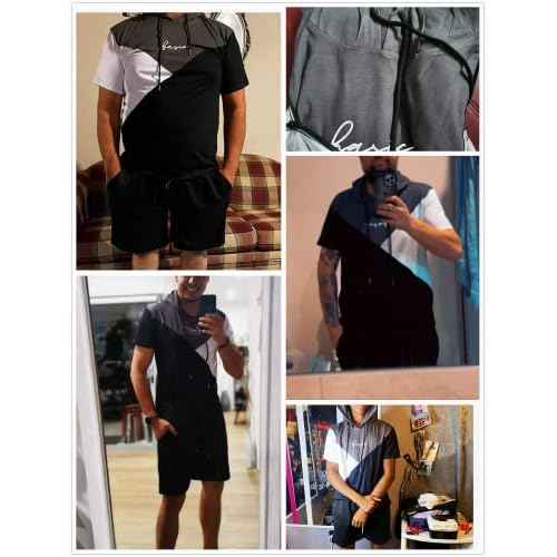 WDIRARA Men's Letter Print Colorblock Drawstring Hooded Tee and Biker Shorts Set