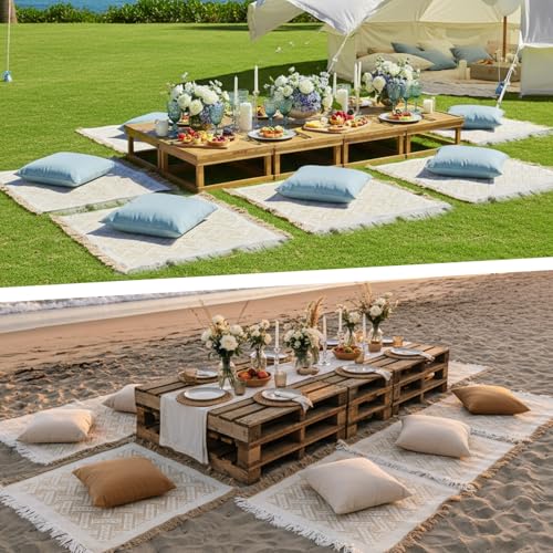 Hahafelt 8 Pcs Outdoor Picnic Blanket 35"x35" Boho Blanket Woven Cotton Yarn Portable Mat Plaid with Fringe Washable for P...