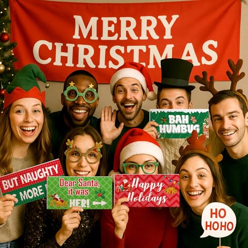 Beeveer 24 Designs Christmas Photo Booth Props Double Sided 11x5.51'' Christmas Party Decoration Red and Green Xmas Props ...