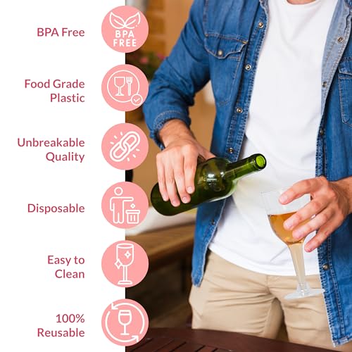 Prestee Stemmed Disposable Wine Glasses - 10 oz Clear Plastic Wine Glasses BPA-Free - Easy Assembly for Parties Weddings P...