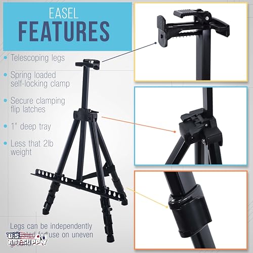 U.S. Art Supply 66" Black Metal Tripod Easel Display - Adjustable 20"- 5.5', Holds 32" Canvas - Floor/Tabletop Easel Stan...